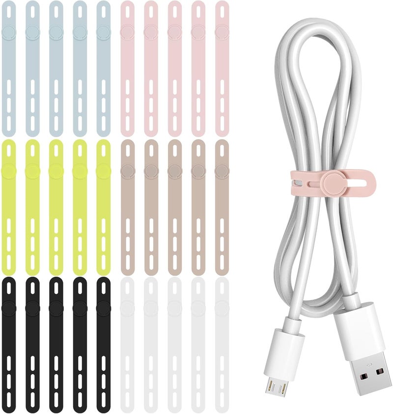 Donruby 30Pcs Silicone Cable Ties - Reusable & Washable with Adjustable Locking Buckles, High Elasticity Cable Management Straps for Home, Office, School, Travel Essential Cord Organizer (6 Colors) - Image 1